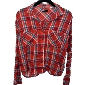 BDG Shirt Flannel Plaid Button Front Stripes Long Sleeve Cropped Collar Top S